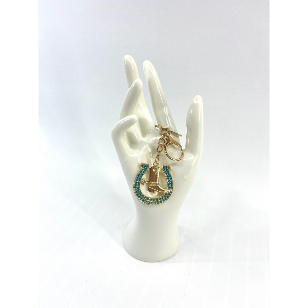 Gold Teal Horseshoe Cowboy Boot Rhinestone Key Chain Charm 4"